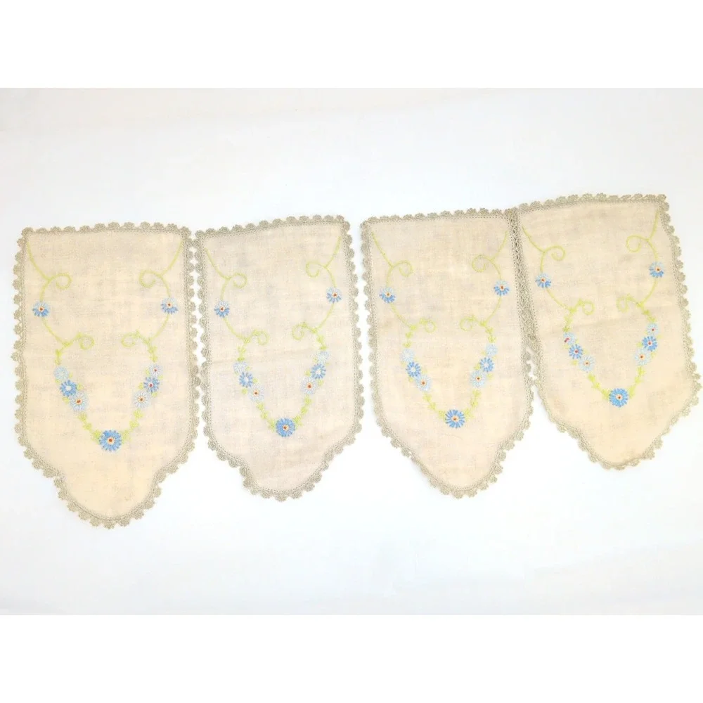 Vtg Linen Embroidered Napkins Set 4 Floral Scalloped Lace Cream Blue Green 7X12